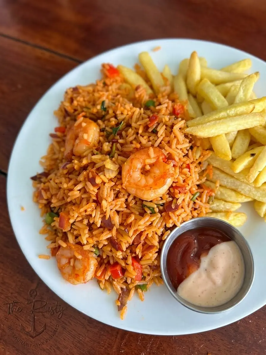 Arroz con camarones servido con papas fritas